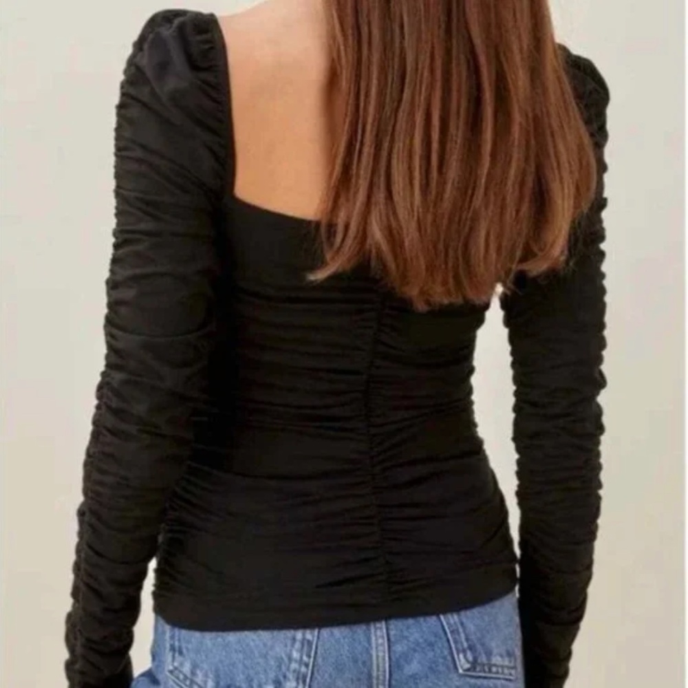 Reformation Esra Queen Anne Ruched Long Sleeve Top in Black | Size M